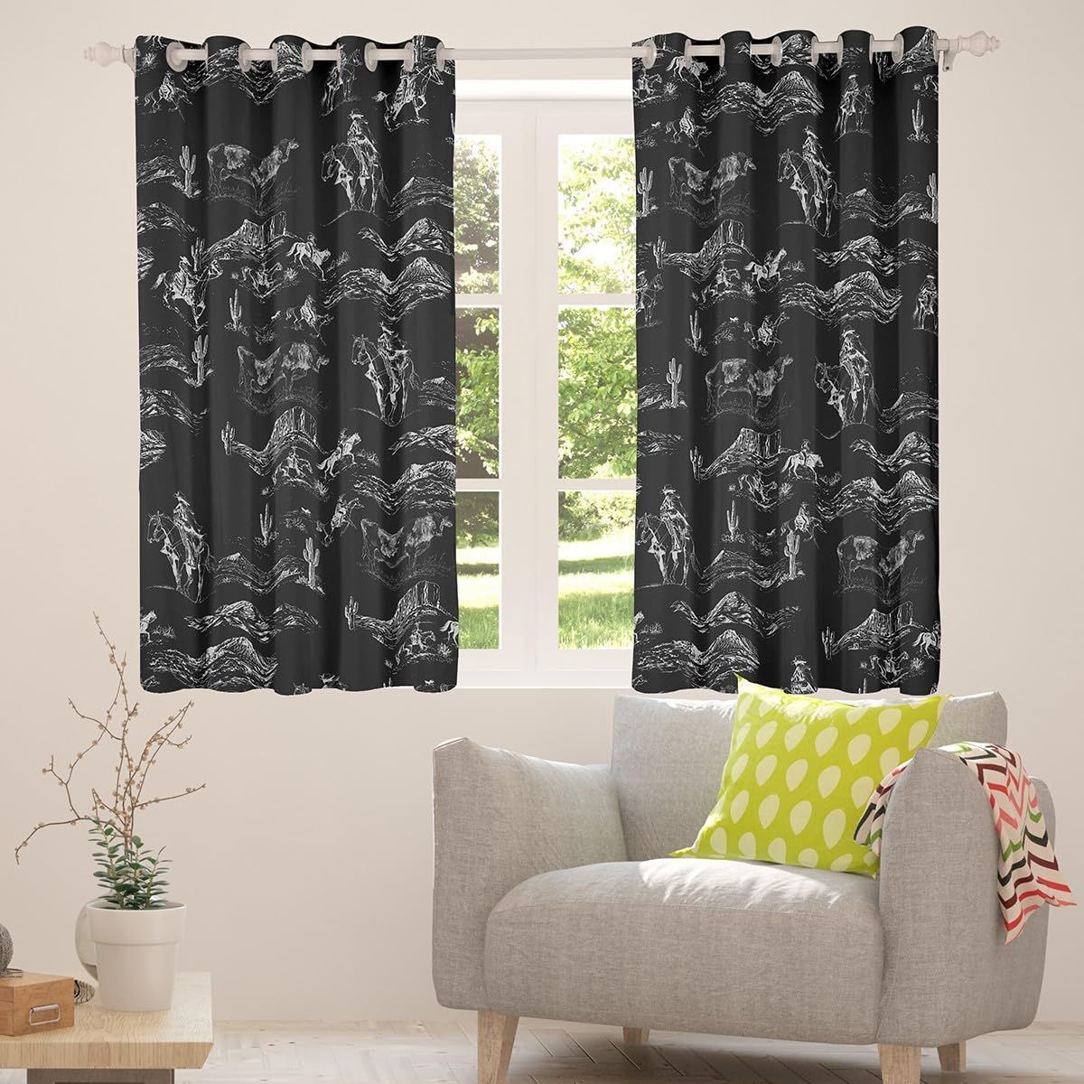 Kids Wild West Cowboy Curtains for Bedroom Living Room (2 Panels, 52 x 63 Inch) Western Decor Darkening Dreapes Boys Girls Teens Decor Rodeo Cowboy Style Blackout Curtains Black Window Treatments
