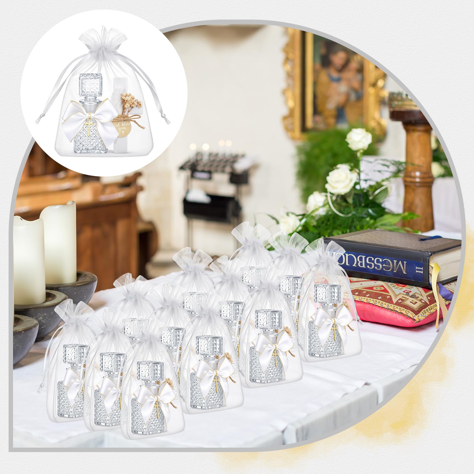 Chuangdi 40 Stück Taufgeschenke für Gäste, 10 Stück klare christliche Glasflasche, 10 Holzkreuzmagnete mit Blume, 10 Schleifen mit Goldkreuz, 10 Organzabeutel für die Erstkommunion, Kirche
