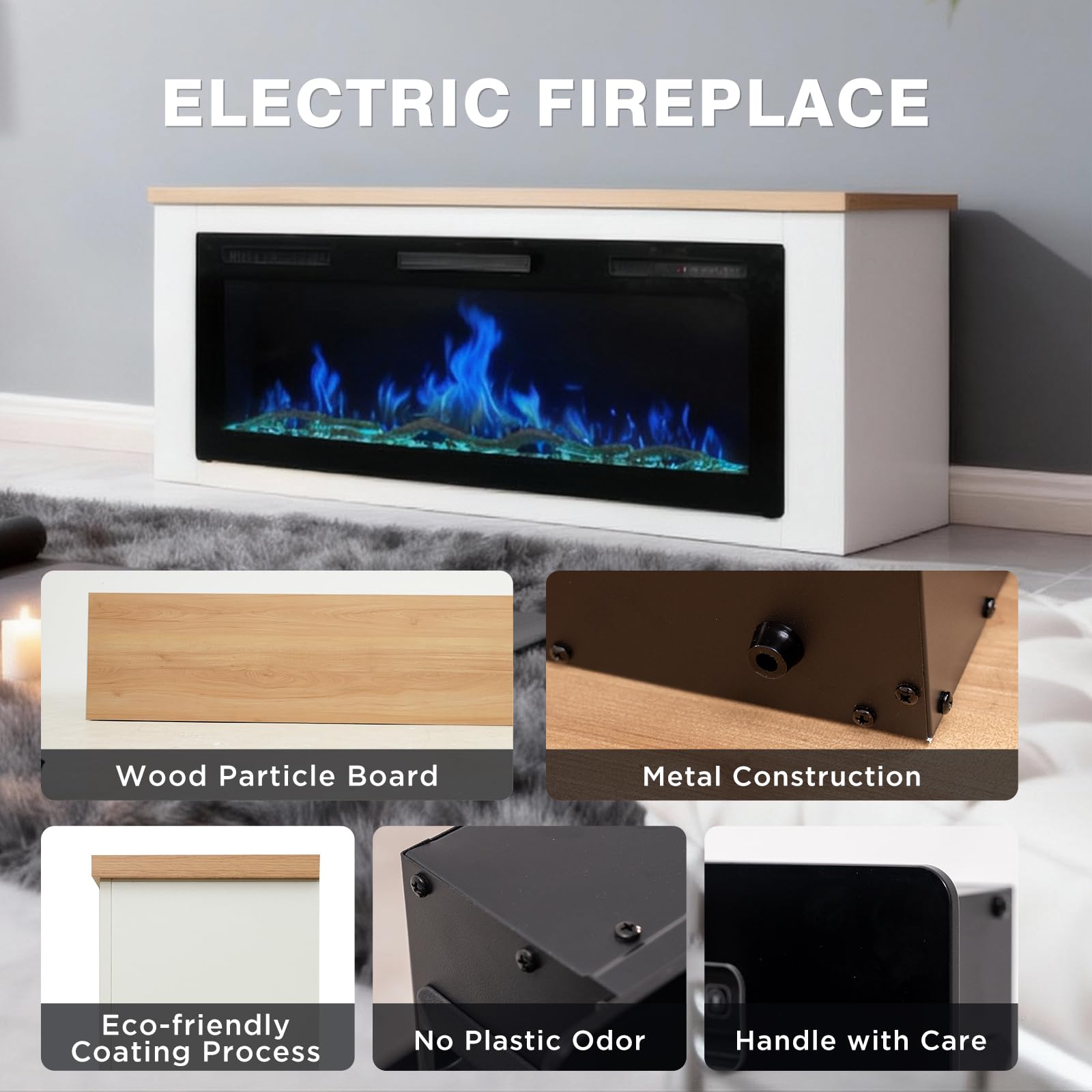 50 Zoll Elektrokamin, 1000W/2000W Elektrokamin mit Heizung, 12 3D-Flammenfarben, 12 Holzfeuerfarben, Fernbedienung & App-Steuerung, inklusive Schrank