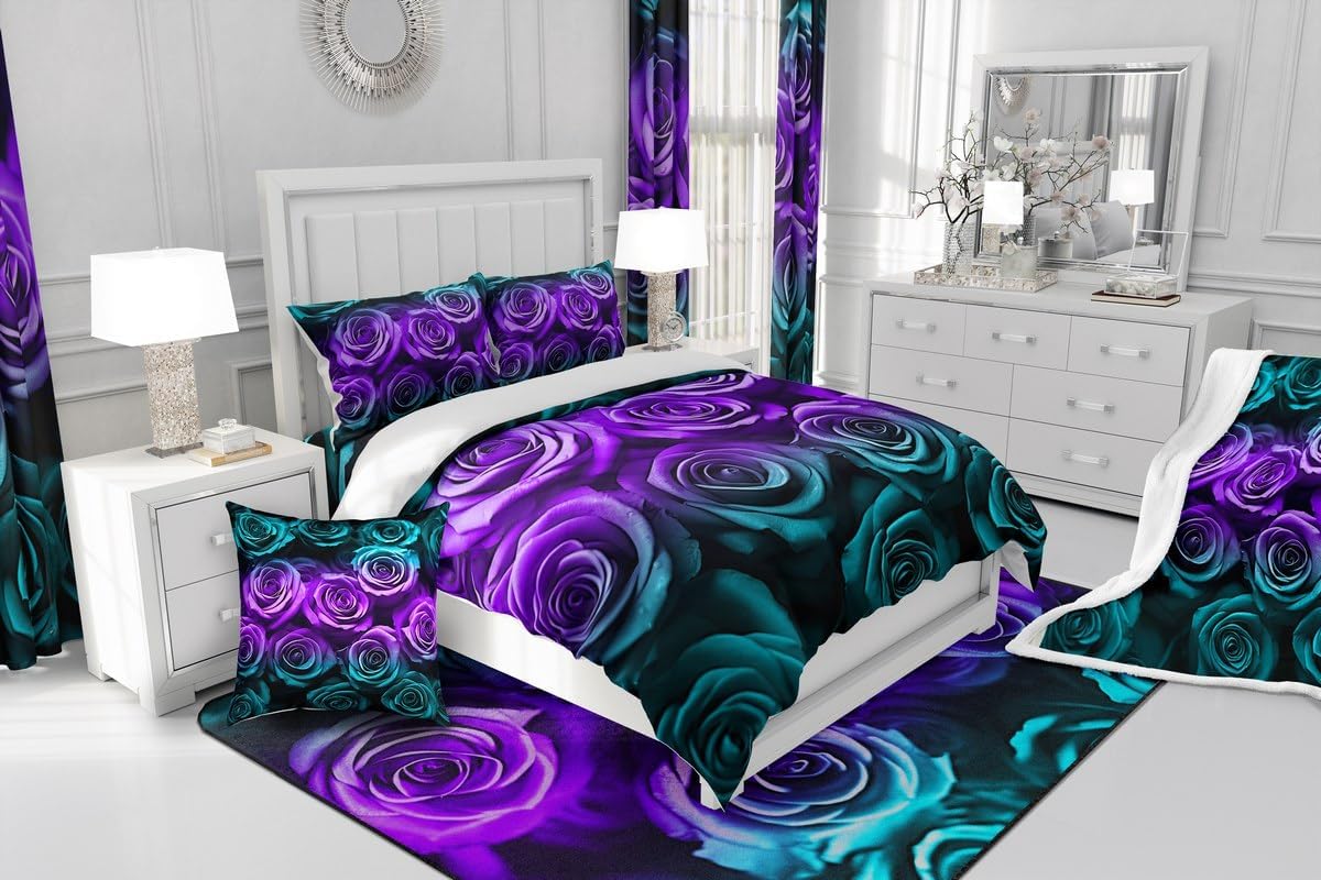 Erosebridal Teal Purple Rose Flower Bedding Set Queen Turquoise Rose Duvet Cover Gifts for Girls Women Wife Girlfriend,Wedding Valentine's Day Comforter Cover Romantic Blossom Floral Bed Set Zipper