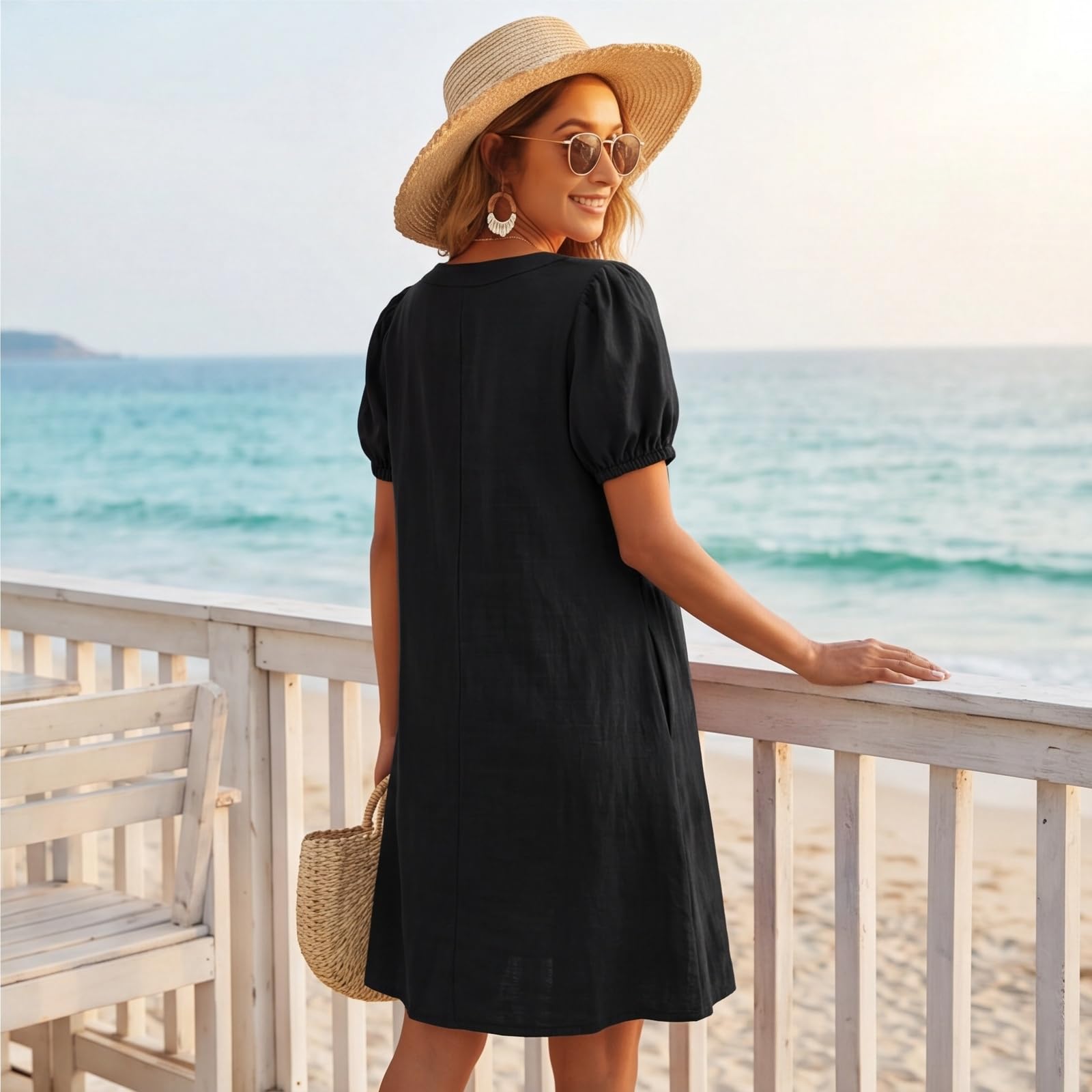 Robe midi Ample Femme col en V Demi-boutonnée Manches Bouffantes Courtes avec Poche latérale Style décontracté Chic pour Les Vacances