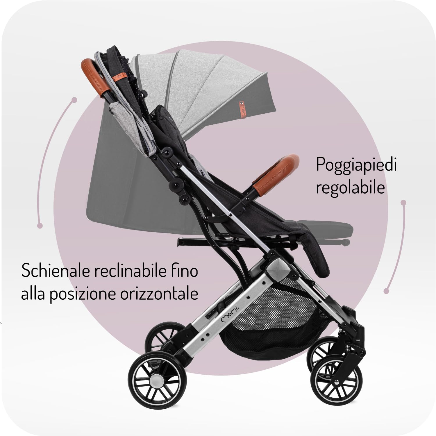 MoMi ESTELLE Passeggino a partire da 6 mesi (fino a 15 kg), pieghevole con cintura di sicurezza a 5 punti, cestino porta spesa e funzione di apertura, manico telescopico per il traino