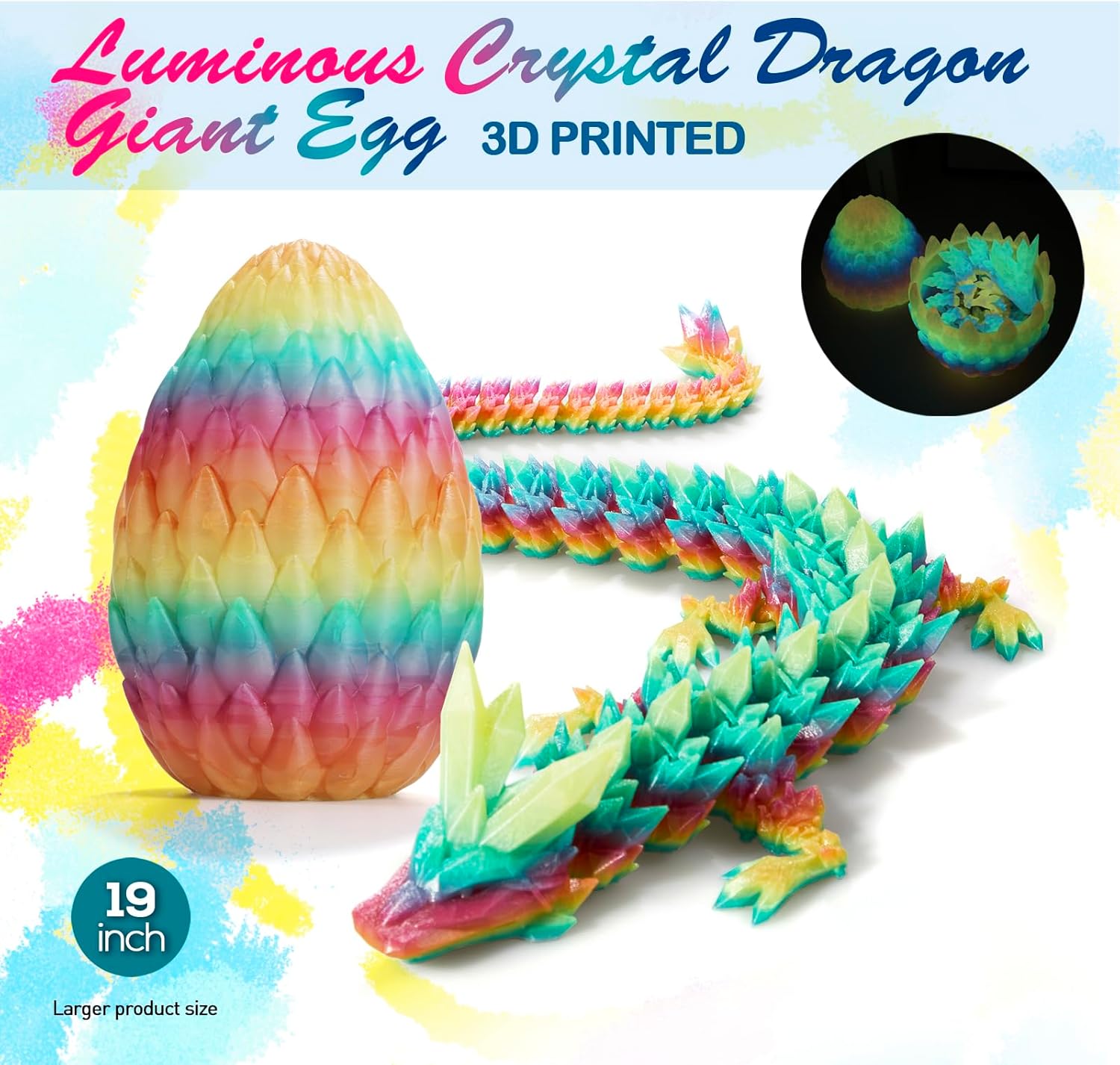 19 inch Large 3D Printed Dragon Glow in the Dark,Dragon Eggs with Dragon Inside,Surprise Dragon Egg Toy,Gift for Boys Kids Teen 5-7 4-6 8-12