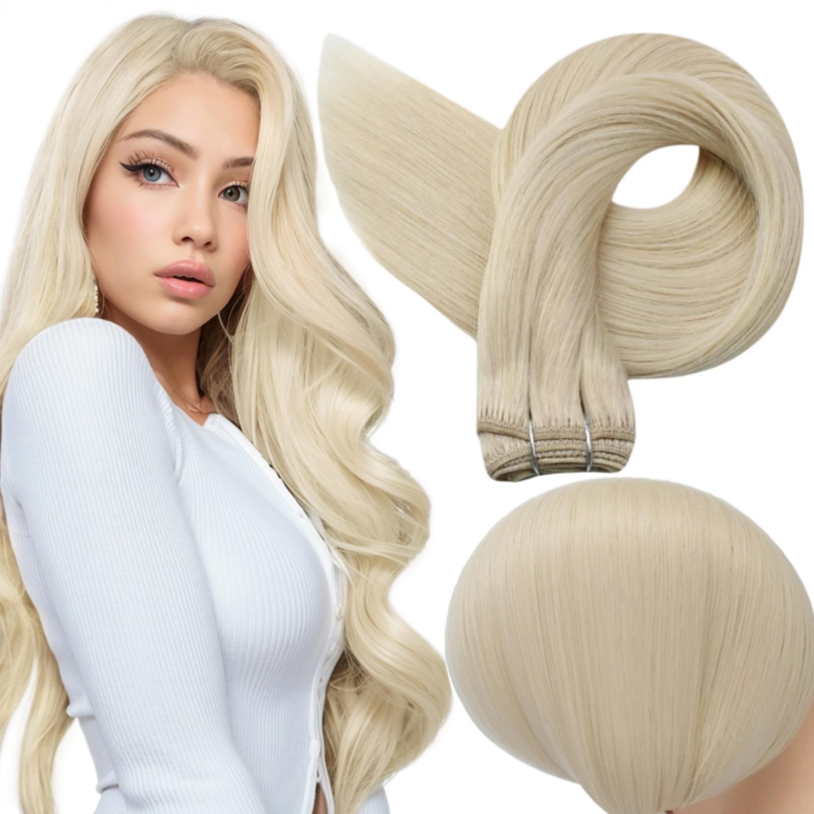 Full Shine Hair Extensions 24 Inch Weft Hair Extensions Human Hair Color Platinum Blonde Extensions Sew In Extensions Real Human Hair Remy Human Hair Weft Extensions 105G
