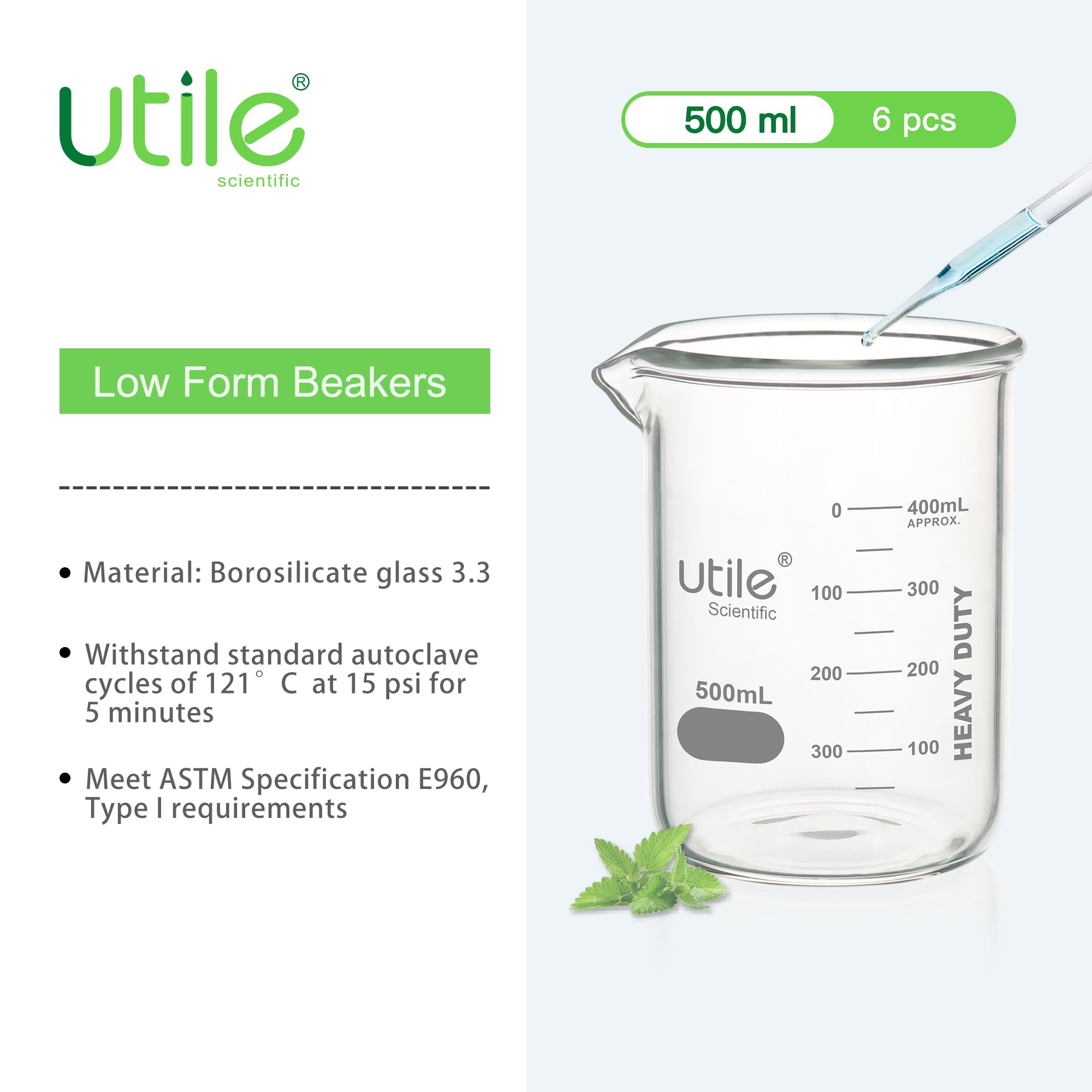 Utile Set di 6 bicchieri di vetro da 500 ml, bicchieri in vetro chimico, a bassa forma, borosilicato 3.3, bicchieri da laboratorio con graduazione stampata, 4000.0500.6