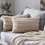 MIULEE Ensemble de 2 Couvertures d'oreiller en lin Boho Tassels décoratif Coussin Couvre la ferme Accent Oreiller avec frange pour canapé Canapé Chambre à vivre 12x20 Inch Beige