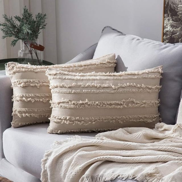 MIULEE Ensemble de 2 Couvertures d'oreiller en lin Boho Tassels décoratif Coussin Couvre la ferme Accent Oreiller avec frange pour canapé Canapé Chambre à vivre 12x20 Inch Beige