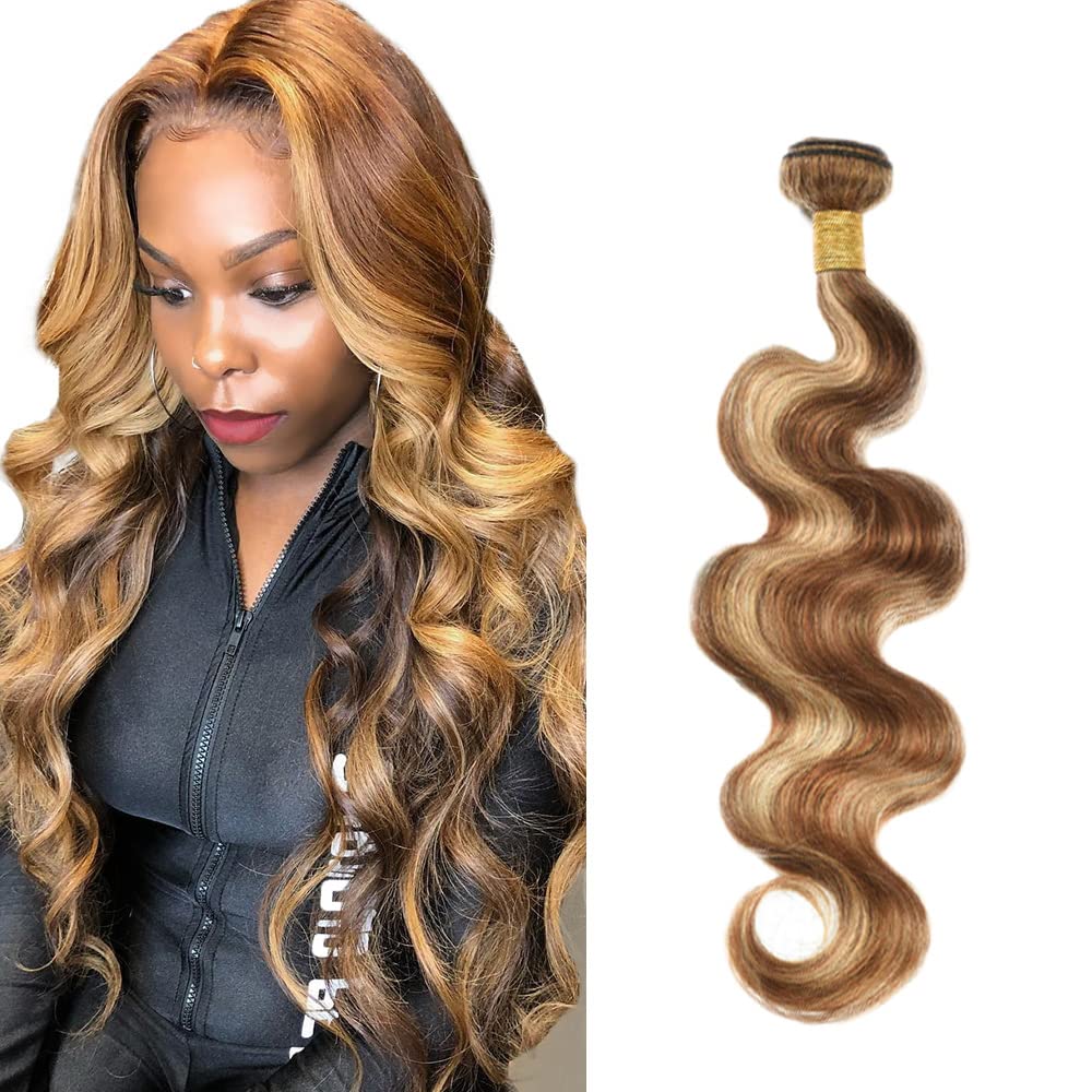 Zeslaerr Human Hair Bundles P4/27 Highlight Blonde Color 30 Inch Soft and Smooth With Minimal Shedding Body Wave Human Hair Extension Single Bundle Total 100g