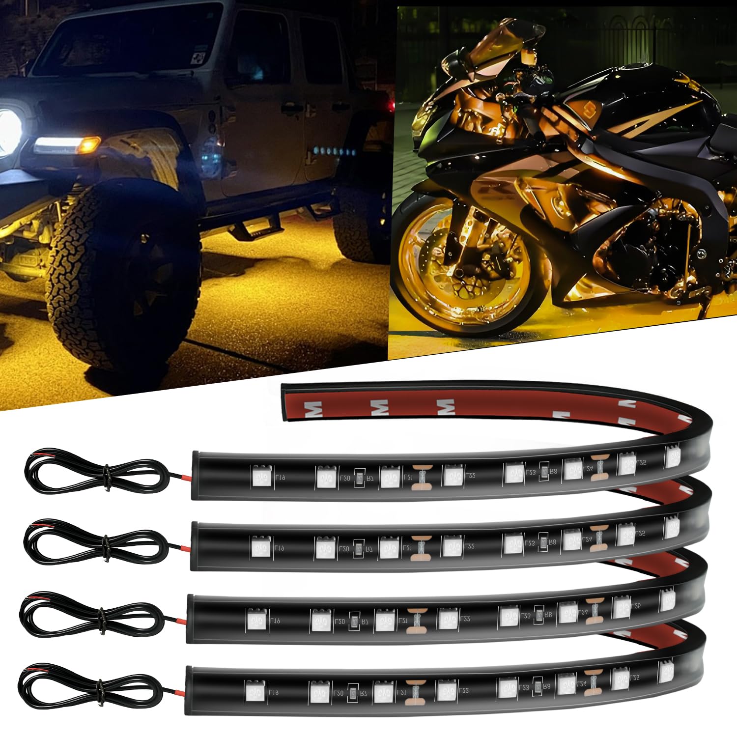 12V LED Light Strip for Car 12.7" Waterproof Amber, Pack of 4