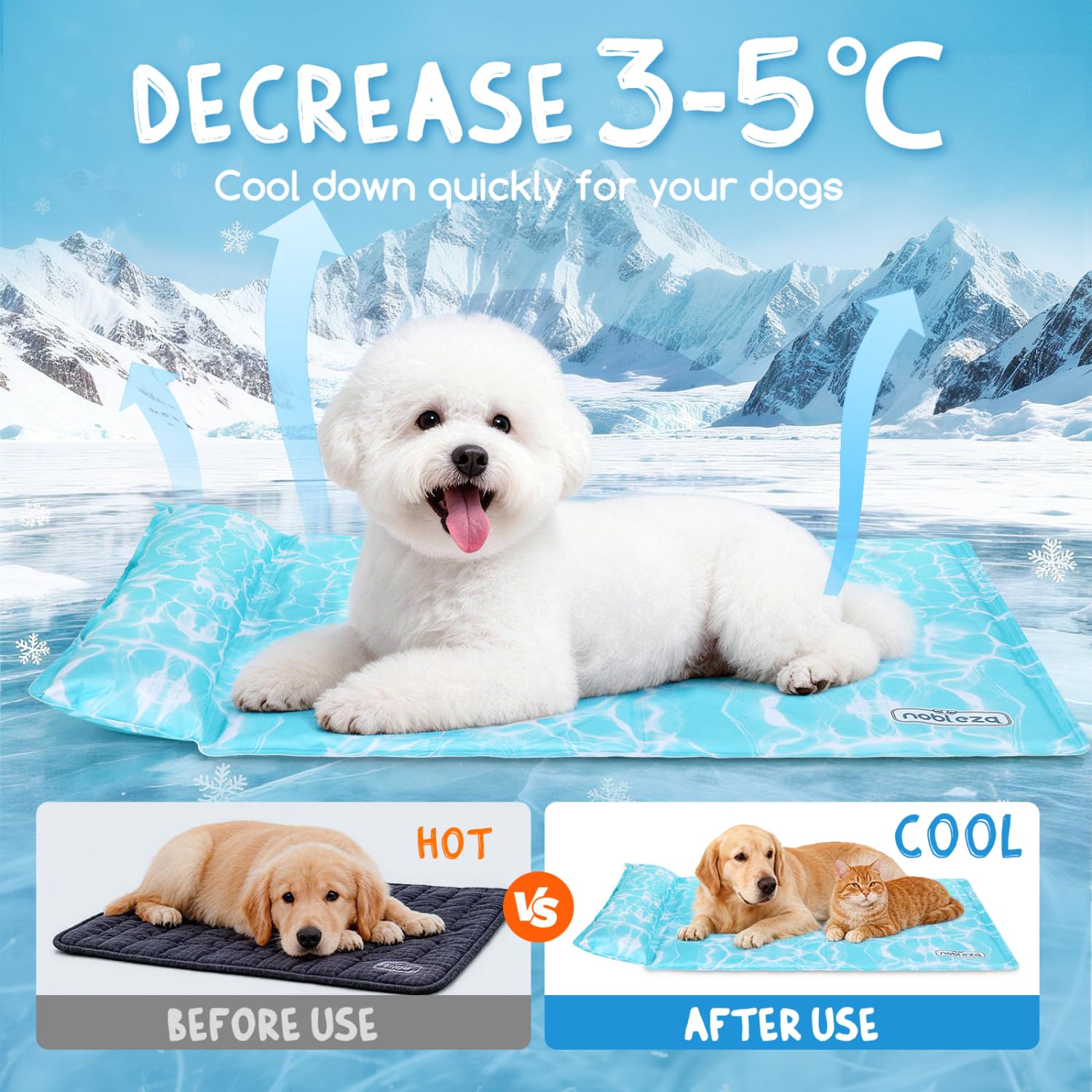 Nobleza Manta Cama Refrescante para Perros y Gatos, Alfombra Refrescante Perro Diseño con 6cm Almohada Cervical Añadida, Gel No Tóxico y Auto-Refrescante, Tela Oxford 300D Resistente, 102x50cm