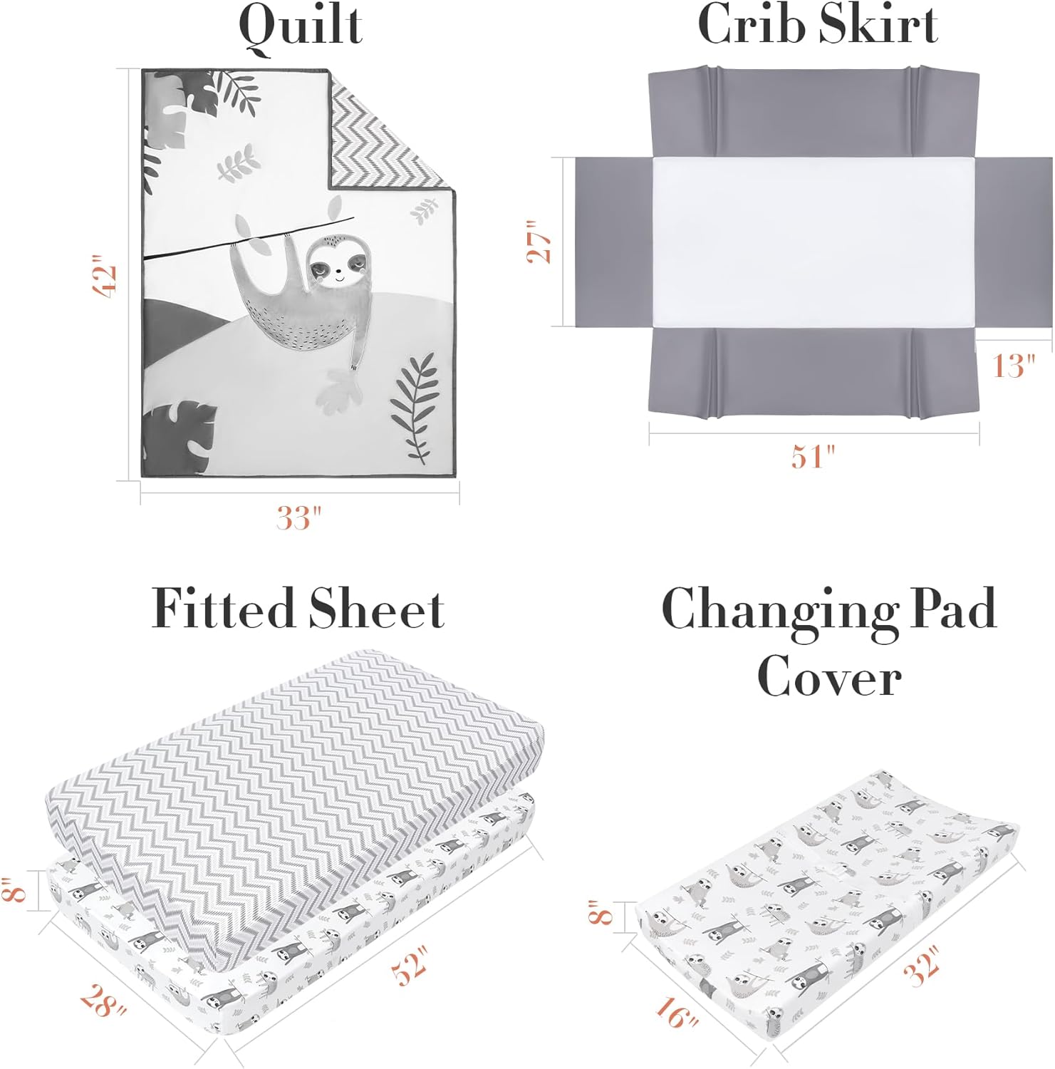 Crib Bedding Set Neutral, 5pc Baby Bedding Set Includes Baby Comforter, Fitted Sheets, Changing Pad Cover, Crib Skirt, White-Gray Crib Comforter Set, Sloth Nursery Bedding