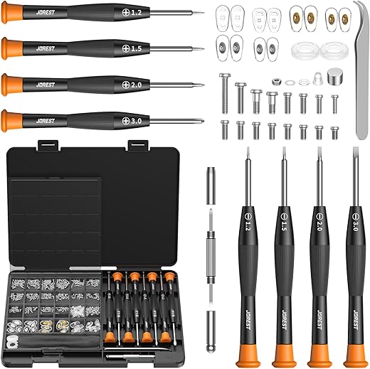 JOREST Glasses Repair Kit with Small Screws, Nose Plates, Tweezers, Cleaning Cloth and Precision Screwdriver for Glasses, Sunglasses and Frameless Glasses