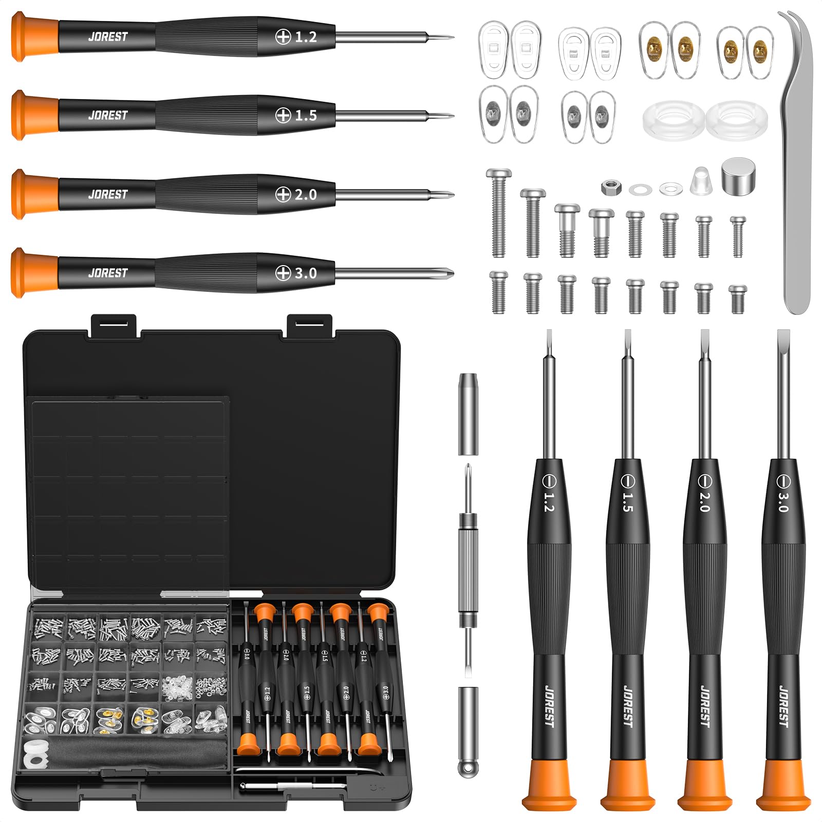 JOREST Eyeglass Repairing Kit, Eyeglass Repair Tool Kit Including Small Screws, Nose Pads, Tweezer
