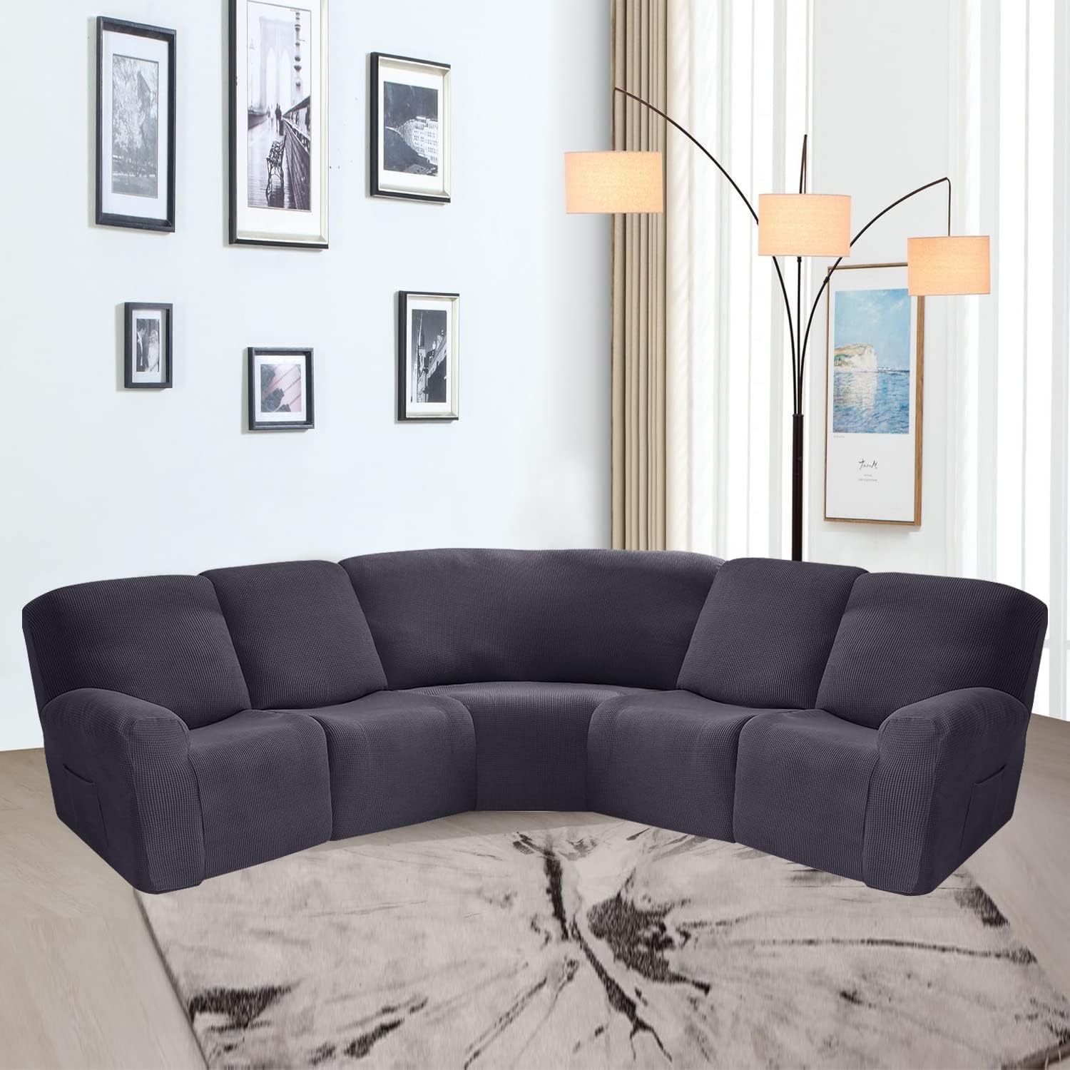 OKYUK Recliner Corner Sofa Cover, 5 Seats Jacquard Stretch Corner Sofa Covers for Reclining L Shape Sofa Slipcovers Thick, Soft, Washable Durable Furniture Protector (Jacquard-Dark Grey)
