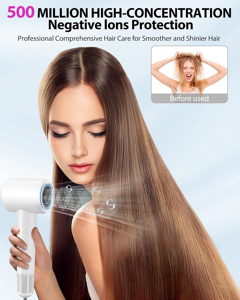 High Speed Hair Dryer,150000 RPM Brushless Motor Professional Blow Dryer for Fast Drying,500M Negative Ions Ionic with Magnetic Blow Air Nozzle,Control Quiet Noise, Lightweight for Travel