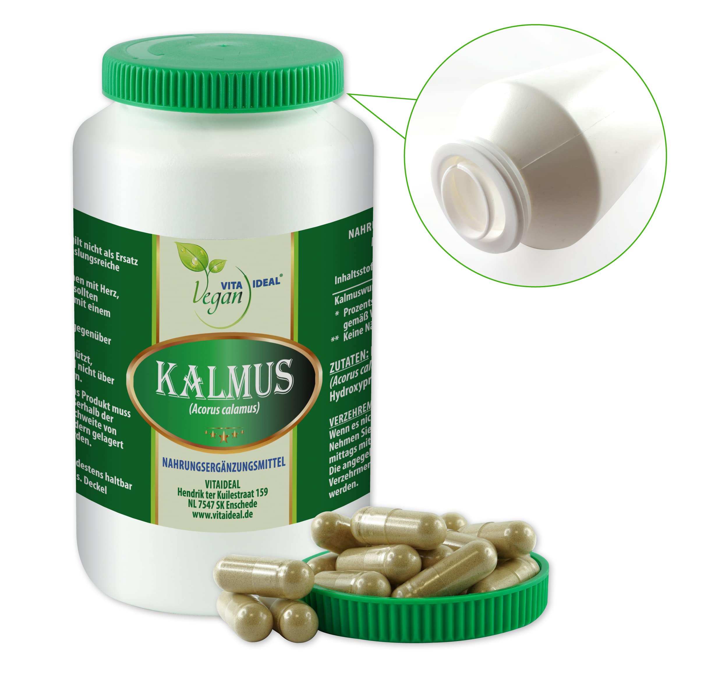 VITA IDEAL Vegan® Kalmus Wurzel 3x 360 Kapseln - Acorus calamus - Tgesportion 800mg Kalmuswurzel Pulver natur, gemahlen. Pflanzlich, natürlich und ohne Zusatzstoffe, original von VITAIDEAL.