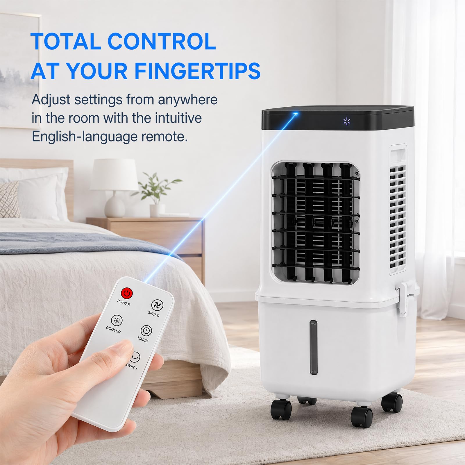 Leise Mobile Klimaanlage 12L Wassertank, Luftkühler mit Schlafmodus & 7H Timer, 4-in-1 Verdunstungskühler ohne Schlauch, inkl. 2 Kühlakkus für Schlafzimmer