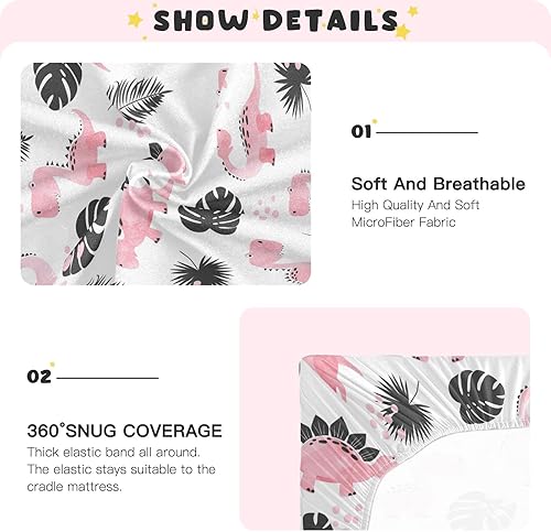Miniatura 4 de Lindos dinosaurios rosados, paquete ajustable y sábanas de juego compatibles con otros corralitos, patios de juegos, cunas portátiles y mini, 52 x