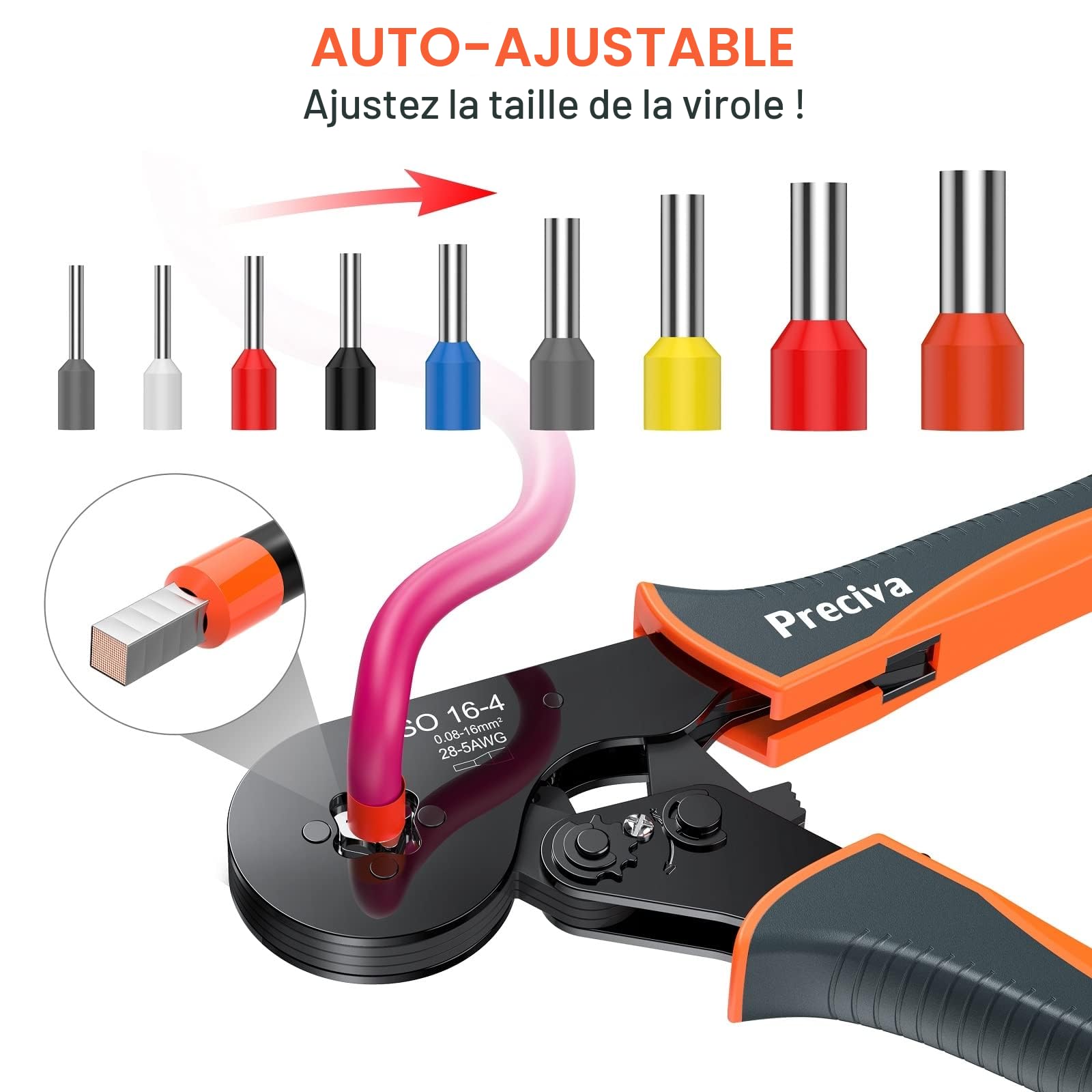 0.08-16mm² Pince a Sertir, avec Cosse Electrique 1200pcs, Orange, Gris, Noir Preciva AWG 28-5 Pince à Sertir, Cliquet Auto-Adjuvsable, Sertissage Précis