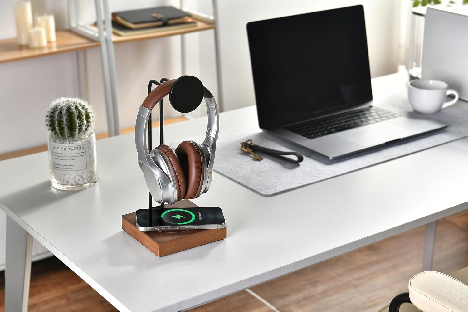 Sea Wolf Headphone Stand with Wireless Charger – Handmade Minimalistic Headset Holder & Charger for Qi-Enabled Devices (Walnut)