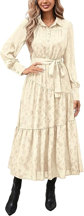 dowerme Women's Casual Dresses 2025 Fall Fashion Long Sleeve Button Up Floral Print Belted Tiered Boho Maxi Party Dress
