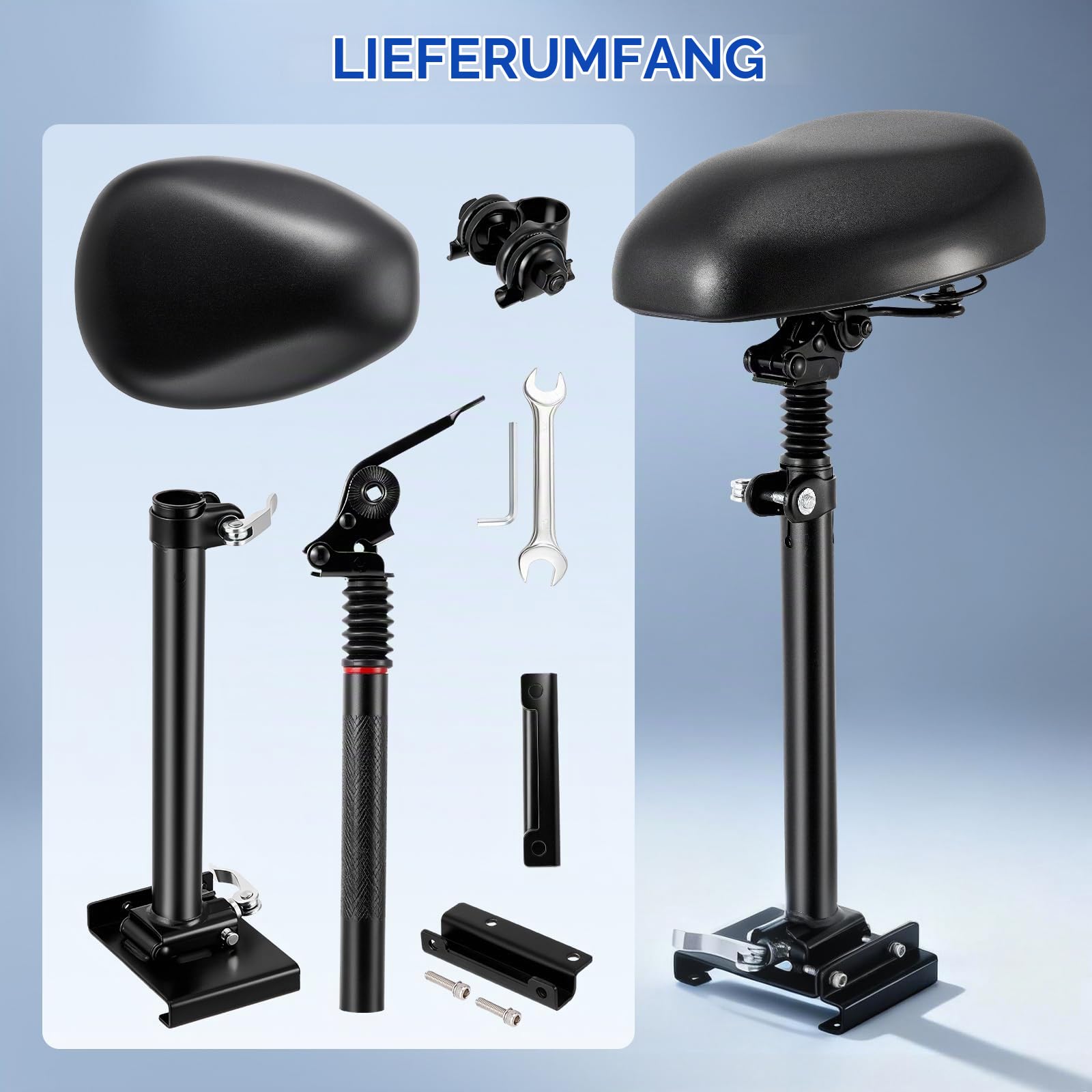 Elektro Scooter Sitz für 13cm-16cm, Elektrorollersitz für Erwachsene Geschwungenen Rändern Fußbretter 55-68cm Höhenverstellbar Faltbar, Erwachsenenroller e Roller Sitz Zubehör