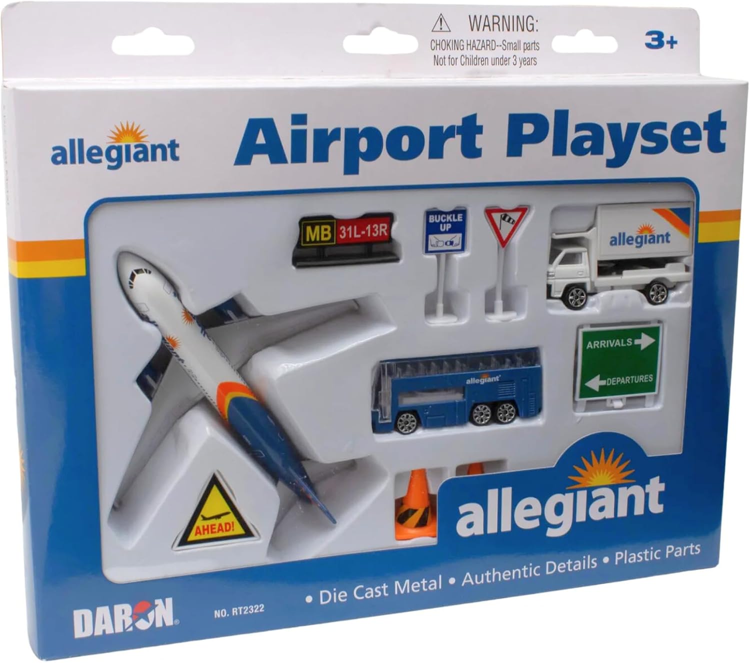 Daron Allegiant Airlines Airport 8-Piece Die-Cast Metal and Plastic Airplane, Vehicles, and Accessories Playset Toy and Collectible Ages 3+