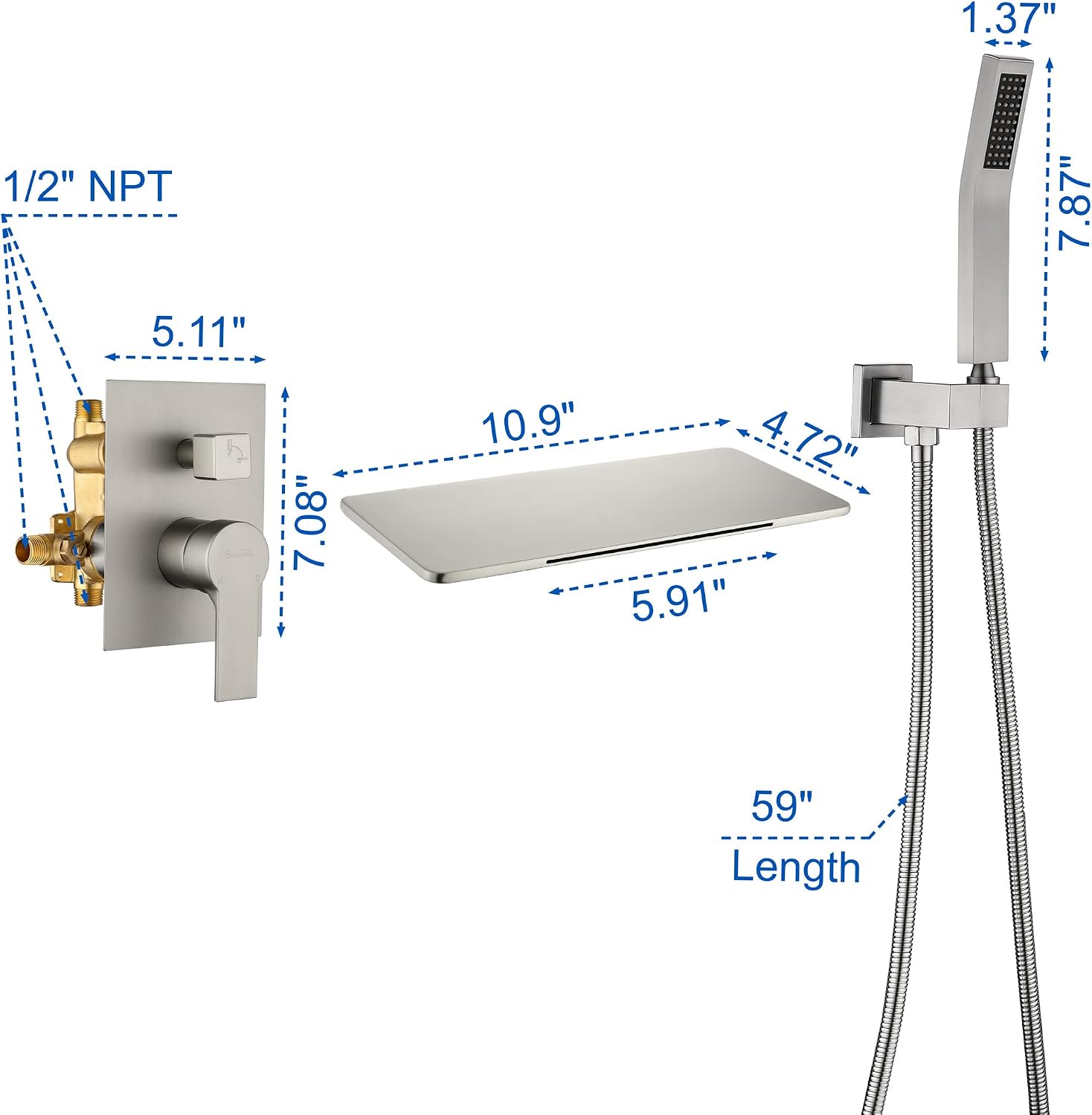 SHAMANDA Waterfall Bathtub Faucet with Sprayer, Wall Mount Tub Filler with Hand Shower, Single Handle Tub Faucet with Handheld ShowerHead(Rough-In Valve Body and Trim Included), Brushed Nickel, L902-2