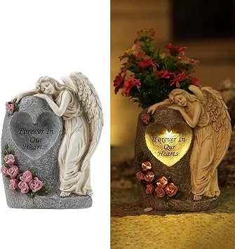 Solar Cemetery Vases for Grave, Resin Angel Headstones Vases with Spikes for Fresh Artificial Flowers, Grave Markers for Cemetery Memorial Day Decor, Memorial Gifts for Loss of Loved One White