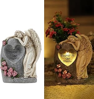 Solar Cemetery Vases for Grave, Resin Angel Headstones Vases with Spikes for Fresh Artificial Flowers, Grave Markers for Cemetery Memorial Day Decor, Memorial Gifts for Loss of Loved One (White)