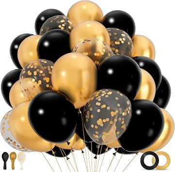 Black and Gold Balloons Kit, 12 Inches Metallic Gold Balloons Confetti Balloon and Black Balloons with Ribbon for Birthday Graduation New Year Decorations.50Pcs