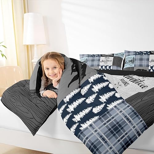 Miniatura 6 de Juego de ropa de cama de cabaña retro rústica tamaño King, juego de edredón de oso y ciervos para niños, adolescentes y adultos, edredón de caza de