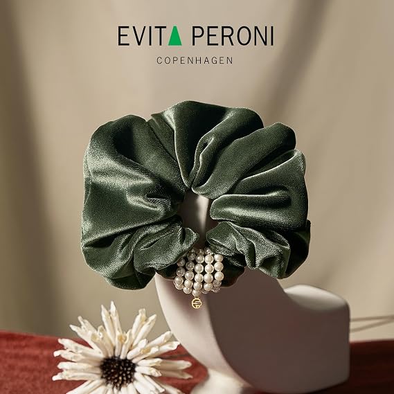EVITA PERONI Hair Scrunchies for Women, Velvet Hair Scrunchies with Pearls, Hair Ties Ponytail Holders, Soft Hair Bands for Women Girls Mothers Day (Green)