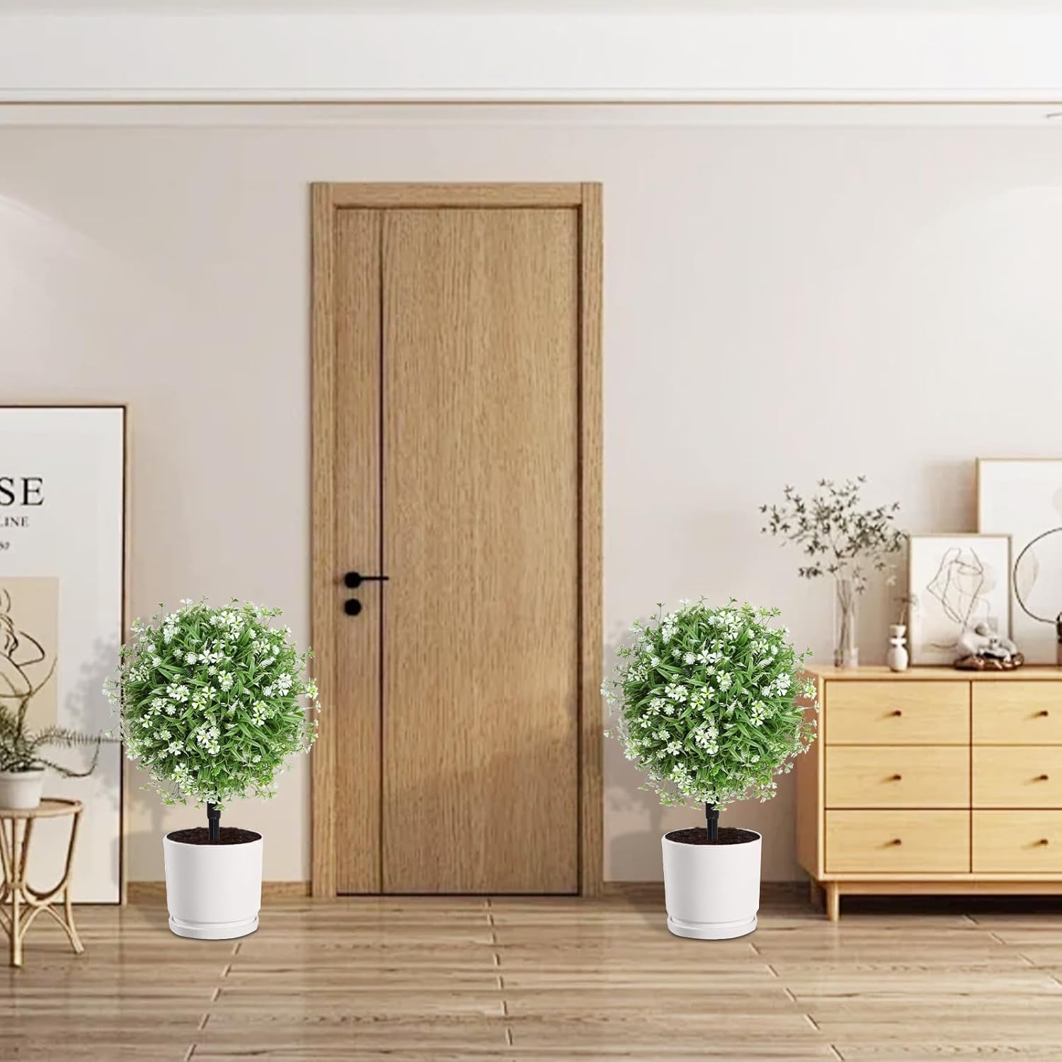 Set of 2 Artificial Boxwood Topiary Ball with Flowers with Ground Spike, 22" Outdoors Faux Boxwood Greenery Shrubs , Realistic Fake Plants Bushes for Front Porch Yard Patio Garden Indoor Decor (White)