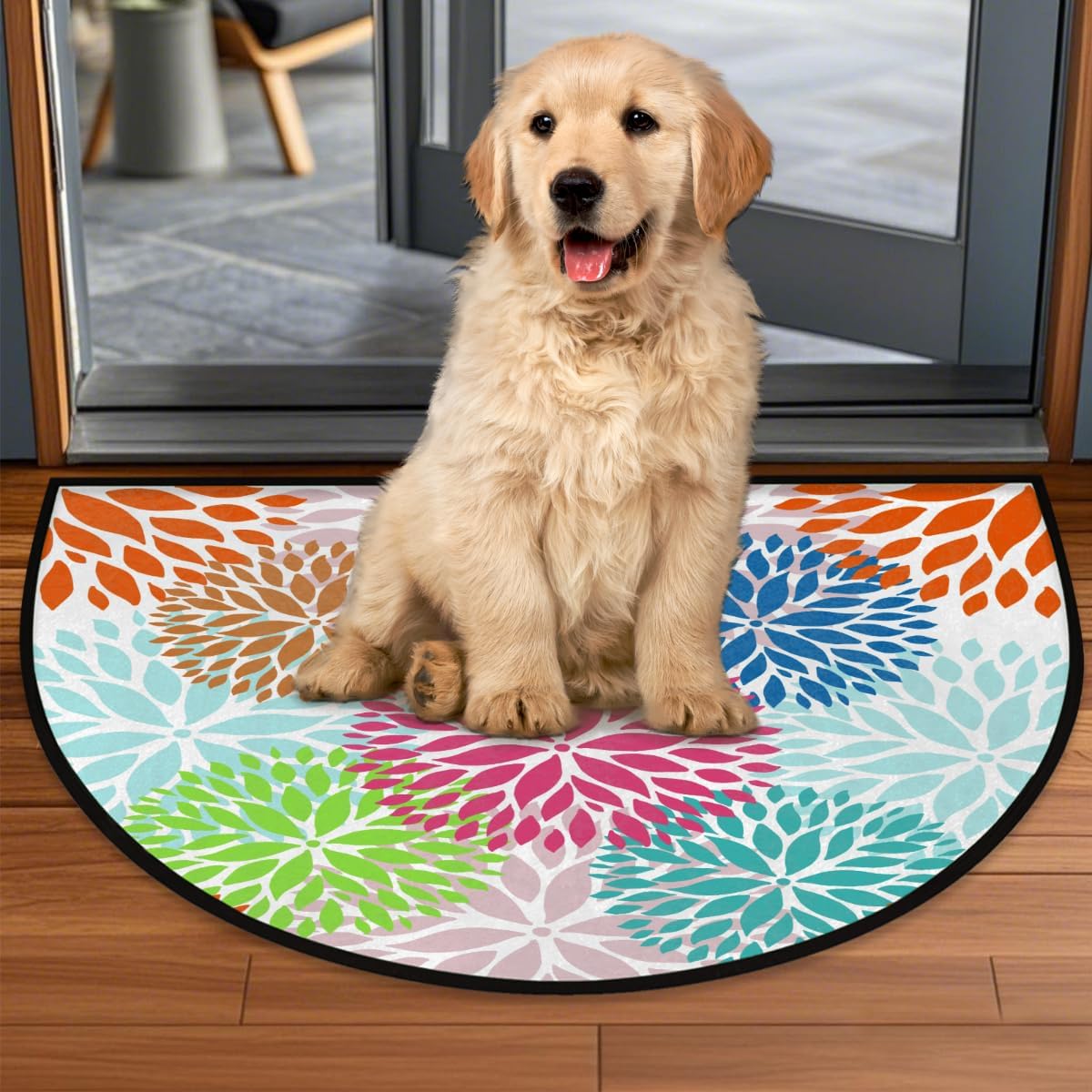 Half Round Door Mat Abstract Art Flower Semi Circle Area Rug Washable Half Moon Bathroom Rugs Entryway Rug for Indoor Outdoor Kitchen Hearth Fireplace Floor Welcome Carpet Low Profile