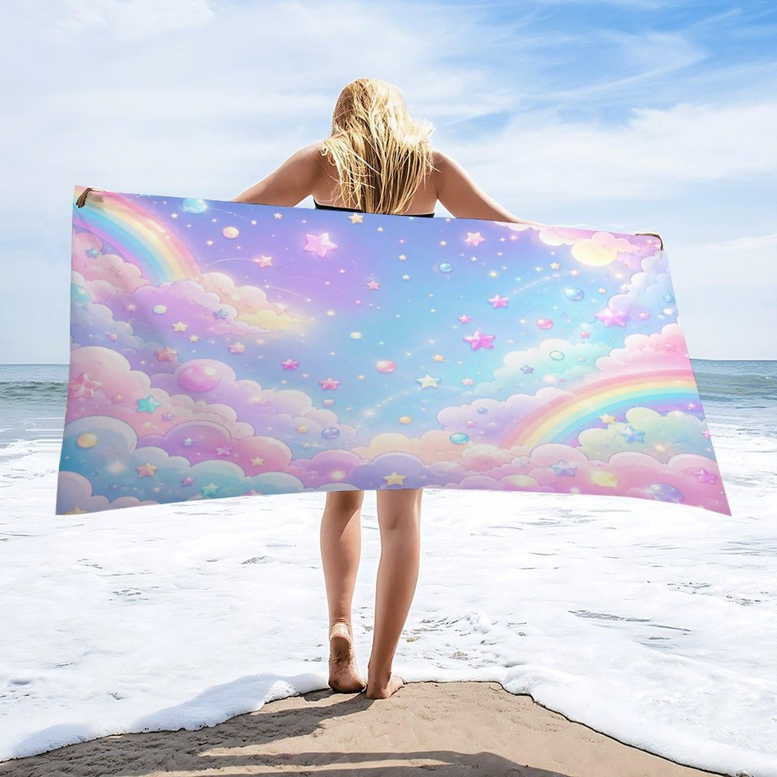 Anceky Pastel Sky Rainbow Clouds Stars Beach Towel 32"×63",Soft Microfiber Bath Towel Shawl, Quick Dry Absorbent Pool Spa Gym Shower Towel