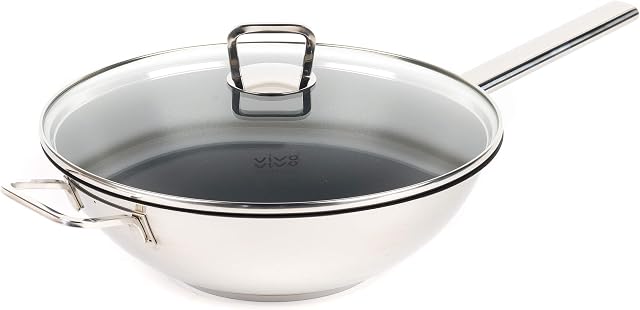 Villeroy & Boch Vivo Group CW0570 Wok  30 cm Non-Stick Coated Deep Pan with Glass Lid, Stainless Steel, Induction Suitable, Large Pan for Stir Fry with Flat Bottom, Cook with Little Or No Oil