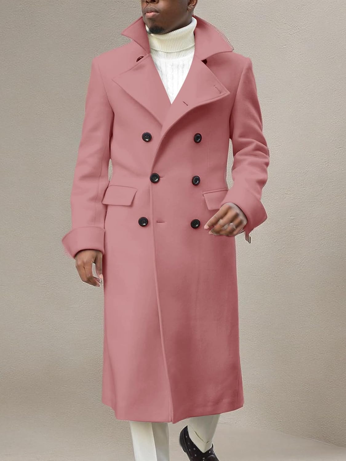 Ebifin Men's Notch Lapel Double Breasted Long Trench Coat Casual Cotton Blend Peacoat - Image 7