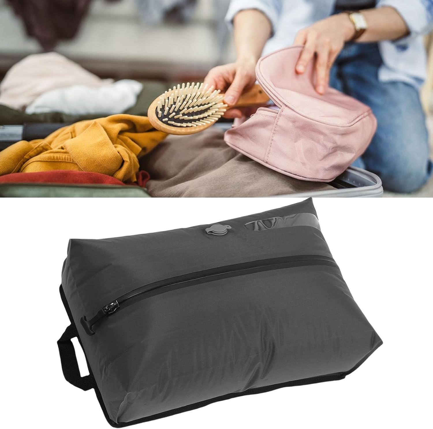 Vacuum Bag for Travel, 17L Reusable Compression Bags Space Saving Vacuum Seal Packing Cube for Suitcases Luggage Backpack 70D TPU Flat Bottom Grey (With Window)