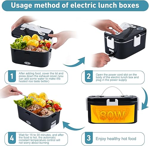Miniatura 5 de AZZXZQYU Fiambrera eléctrica portátil de 80 W, calentador de alimentos 3 en 1 12 V24 V110 V a prueba de fugas con recipiente de acero inoxidable 304