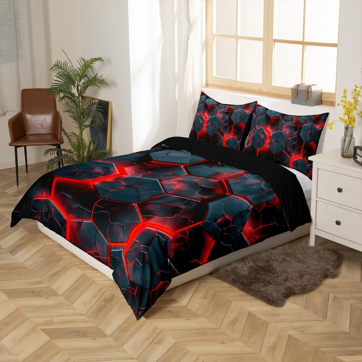 Loussiesd 3D Geometric Honeycomb Duvet Cover Set Single Size For Kids Boys Teens Hexagonal Bedding Set Modern Art Comforter Cover with 1 Pillowcase Stripe Line Beds Set - Image 2
