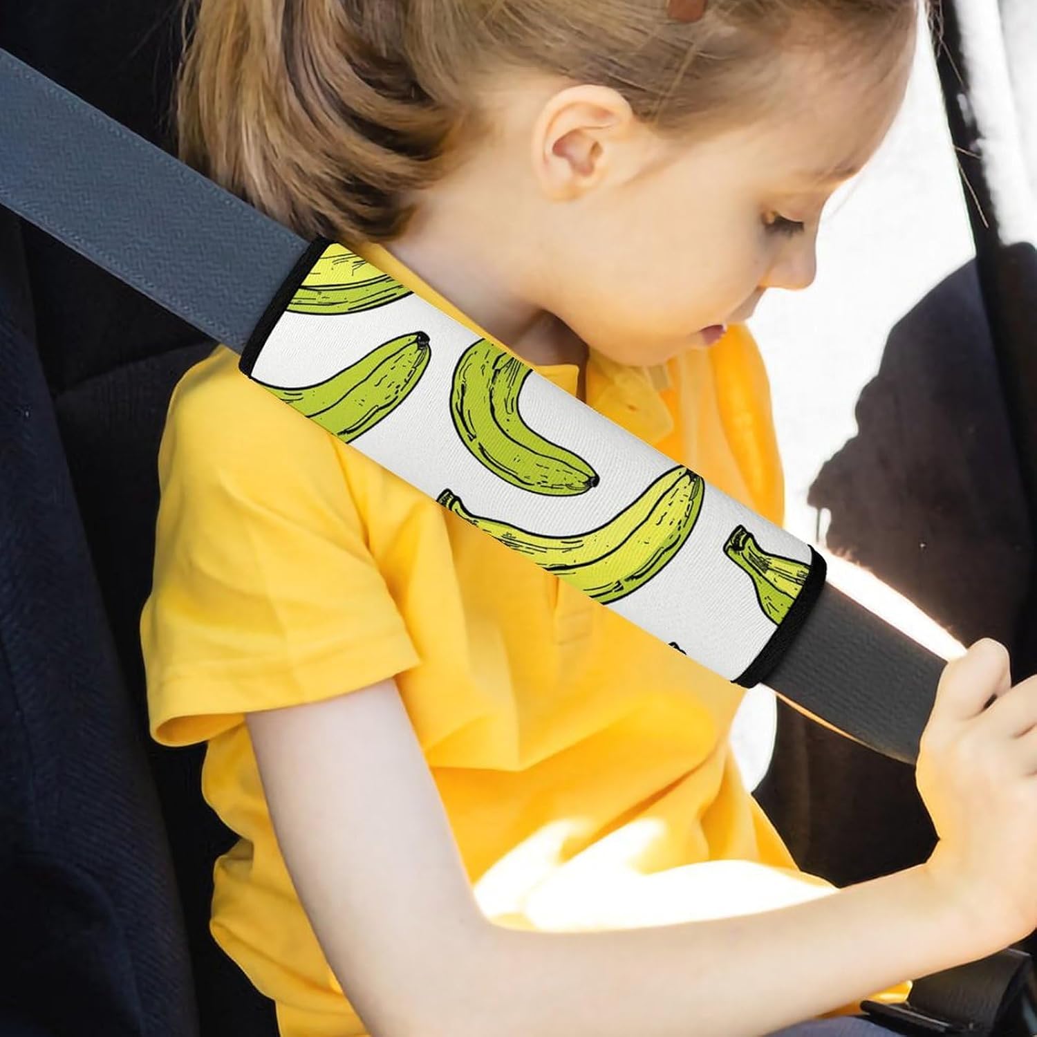2 PCS Super Soft Car Seat Belt Pad, Cute Line Art Banana Printed Waterproof Sweat-Absorbing Seat Belt Covers Backpack Shoulder Pad for All Car Seats Baby Strollers