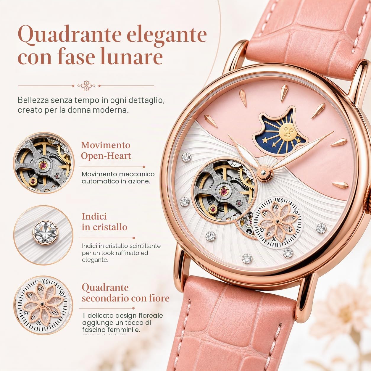 Orologio meccanico automatico da donna, in acciaio inox, quadrante con fasi lunari, cinturino in pelle, impermeabile, orologio da polso