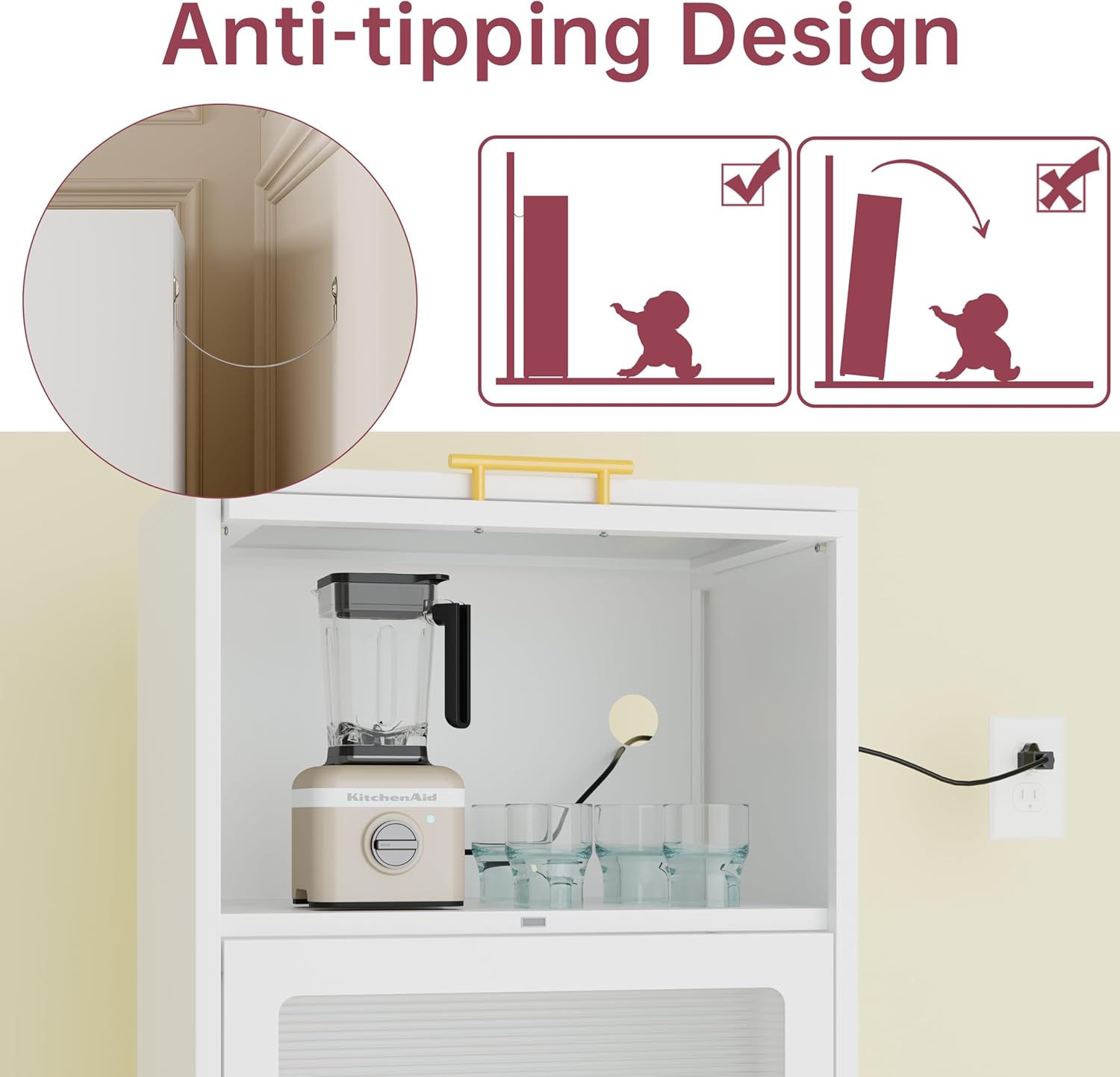 4-Tier Kitchen Pantry Cabinet, Display Storage Cabinet with 3 Flip-up Acrylic Glass Doors and 1 Drawer, White Freestanding Bakers Rack to Storage Small Microwave Spice Seasoning Bowl Cup Wine