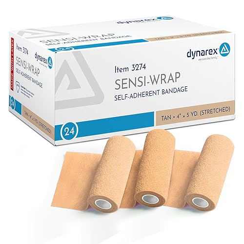 Dynarex Sensi-Wrap - Vendajes autoadhesivos, paquete de 18, 4 pulgadas x 5 yardas, bronceado, látex, cinta atlética cohesiva elástica de color,