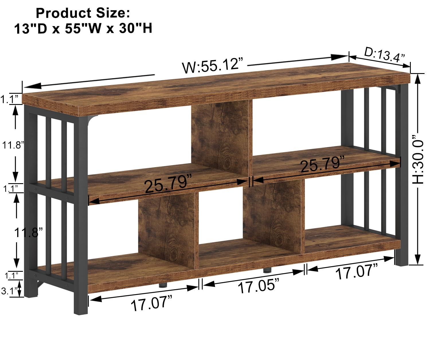 IBF Bücherregal 140 cm Wohnzimmerregal Standregal mit 5 Fächern Würfelregal als Büroregal aus Holz und Metall modernes Regal für Schlafzimmer in Rustikalem Braun