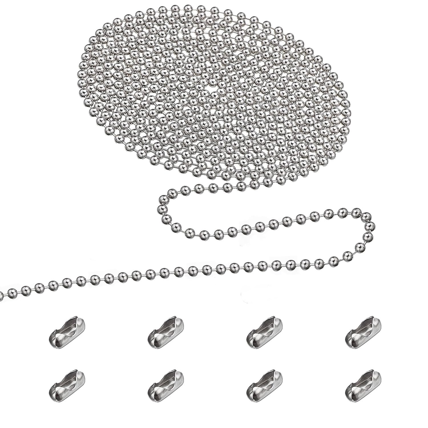 #10 Beaded Ball Chain (4.5mm) - 16.4 Feet Stainless Steel Bead Pull Chain & 8pcs Connector Clasps for Window Roller Chain, Dog Tag Chain, Fan Pull Chain, DIY Projects, Plumbing and Equipment Labeling