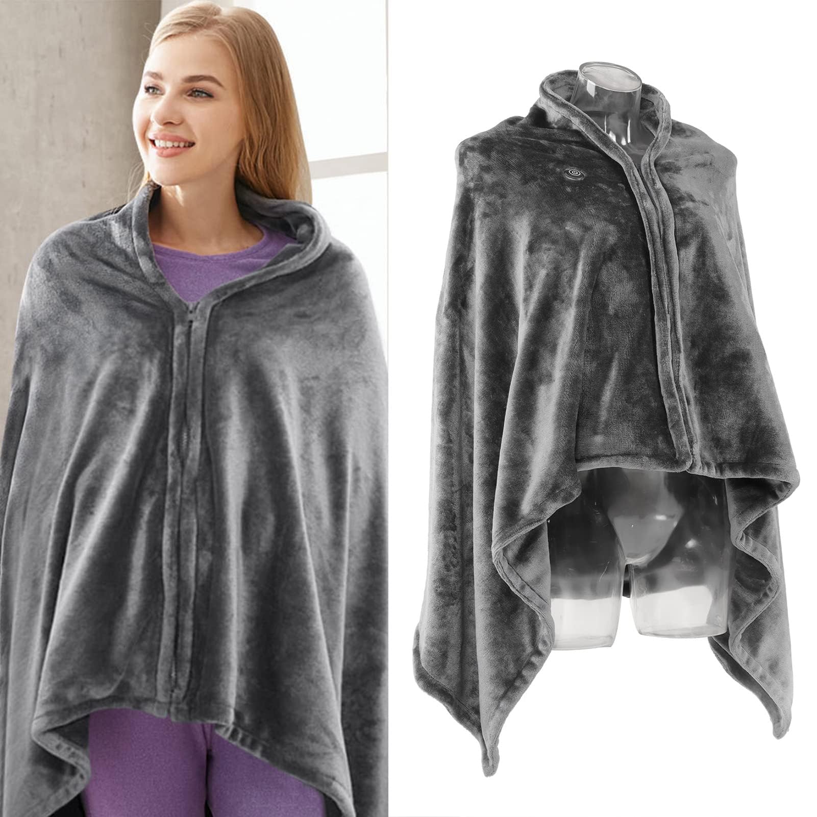 Couverture Chauffante Sherpa, Poncho Chauffant Portable en Peluche avec 3 Réglages de Chaleur pour Voiture Bureau Voyage Domicile Gris