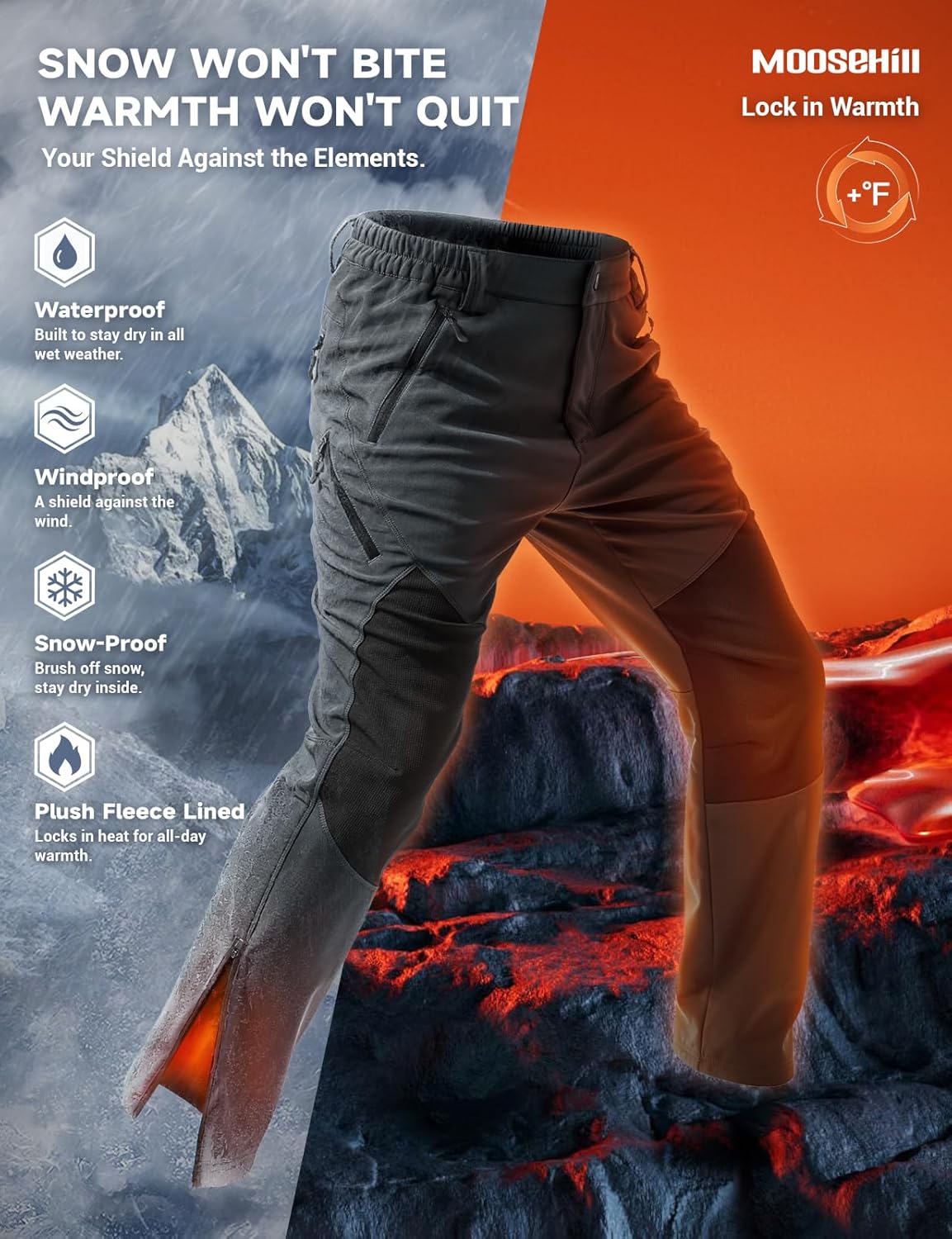 Moosehill Mens-Snow-Ski-Pants-Fleece-Lined-Pants Waterproof Winter Softshell Insulated Zipper Bottom Leg for Hiking Outdoor - Image 6