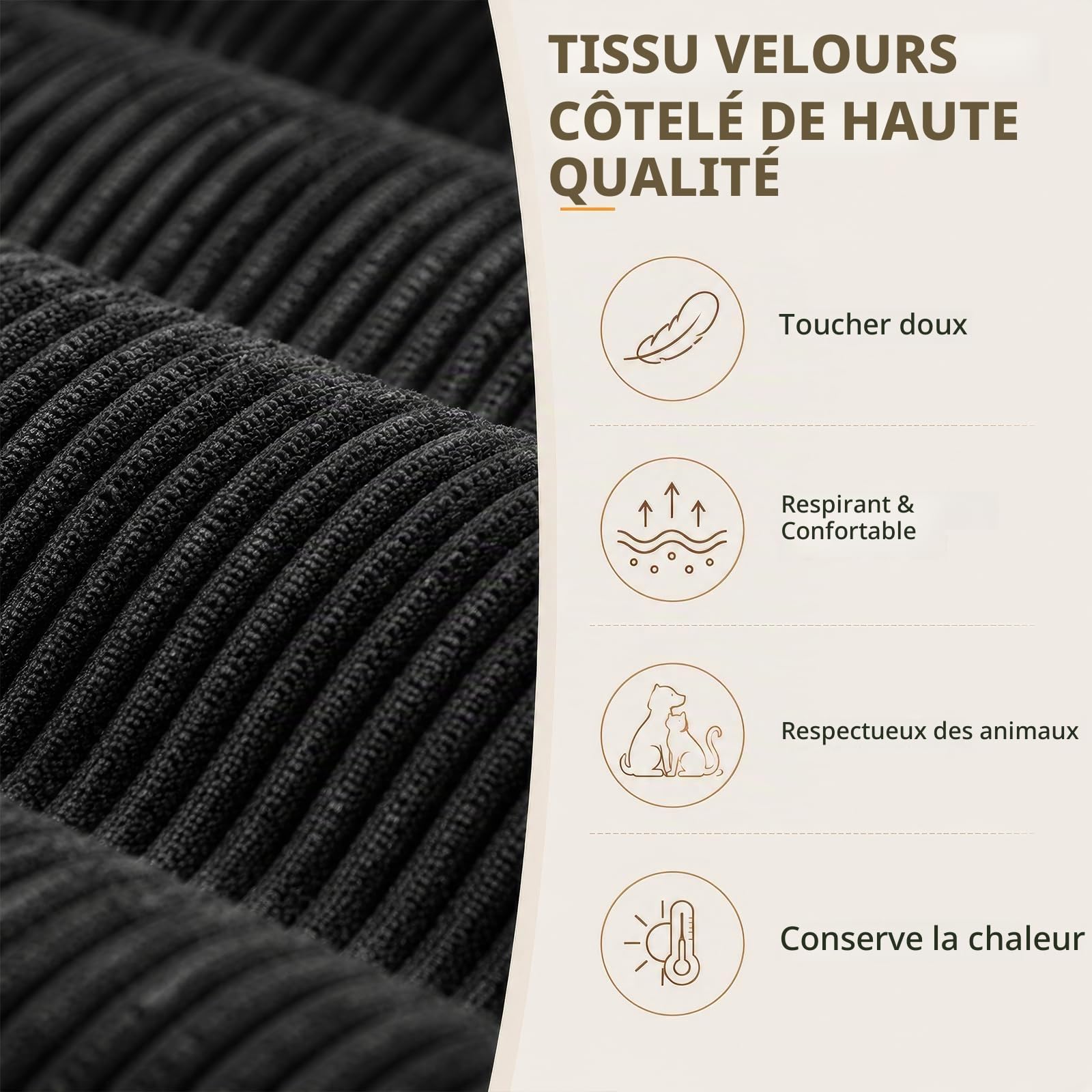 Pouf pour adultes rembourré en velours côtelé avec dossier, grand fauteuil pour jeux vidéo et chaise de sol pour salon, chambre à coucher et chambre d'adolescent, 80 x 73 x 80 cm, couleur noire